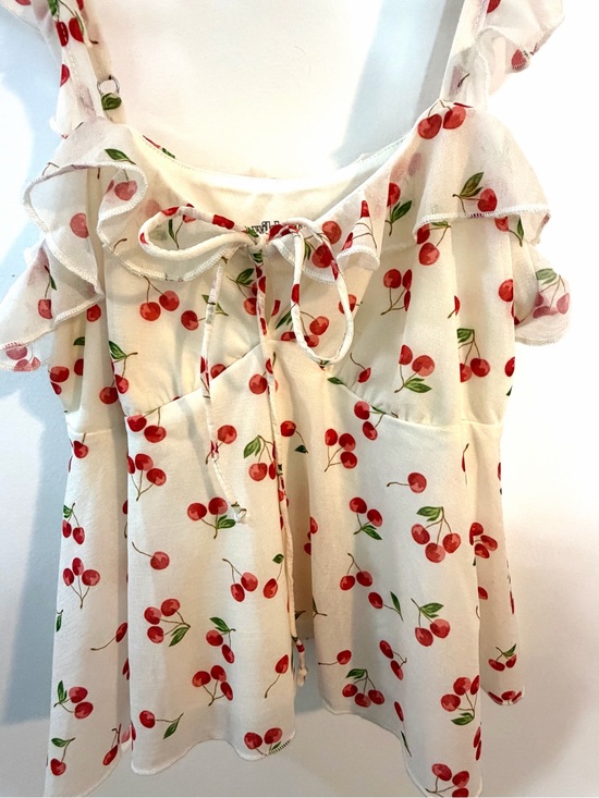 wild fable Tops - Wild Fable Cherry Print Tie Front Top White Red Cottagecore Babydoll Tank